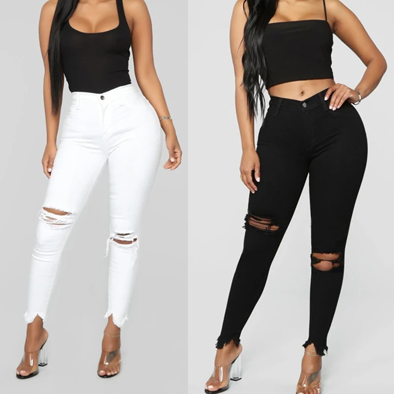 White Ripped Skinny Jeans 2023 Summer Women Fashion Slim High Waist Stretch Jeans Woman Sexy Knee Holes Destroyed Denim Trousers