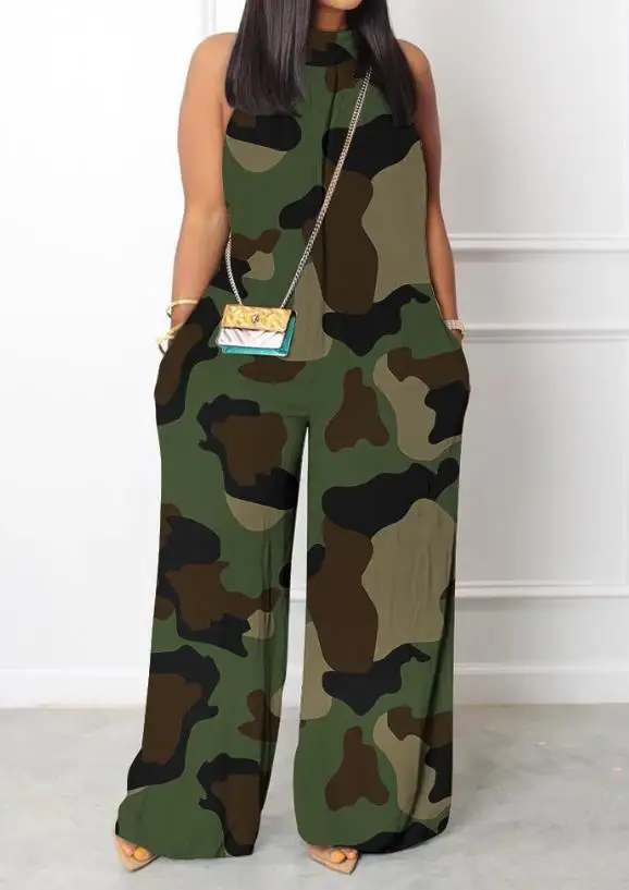 Casual jumpsuit Women 2023 Mock Neck Sleeveless Pocket Daily Non-Stretch Abstract Print Sleeveless Wide Leg Jumpsuit