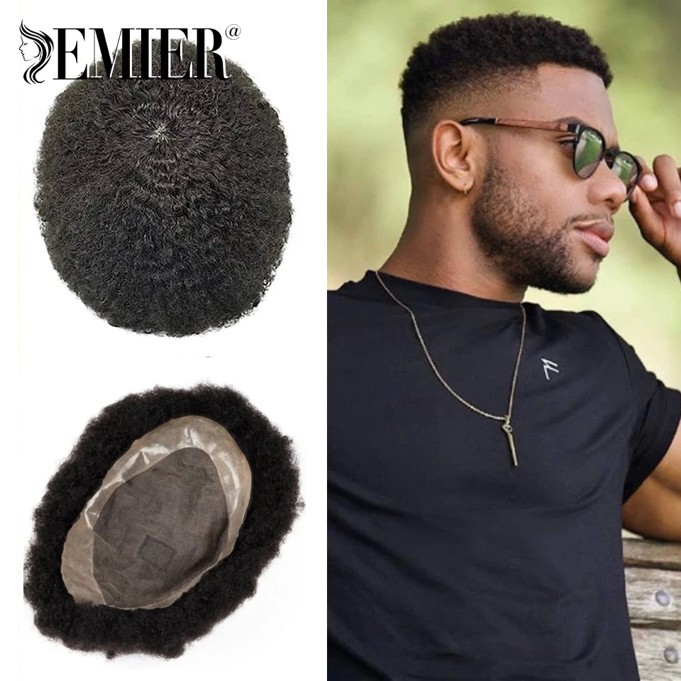 Nuovi uomini parrucchino Afro parrucchino per uomo capelli fini Mono NPU 6 "capelli umani ricci crespi maschio capillare protesis sistema di sostituzione dei capelli