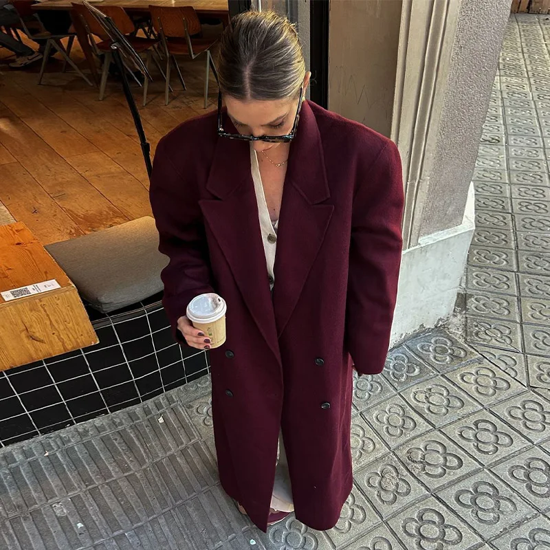 Fashion Burgundy Red Woolen Long Coat Women Oversized Shoulder Pads Full Sleeve Double Breasted Overcoats Autumn Lady Streetwear