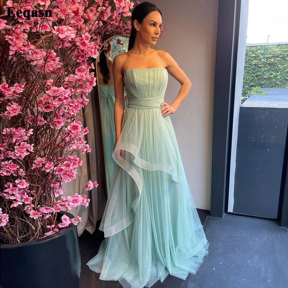 

Eeqasn Mint Green Tulle Formal Prom Dresses Strapless Drape Evening Gowns Pleats A Line Women Wedding Party Bridesmaid Gown