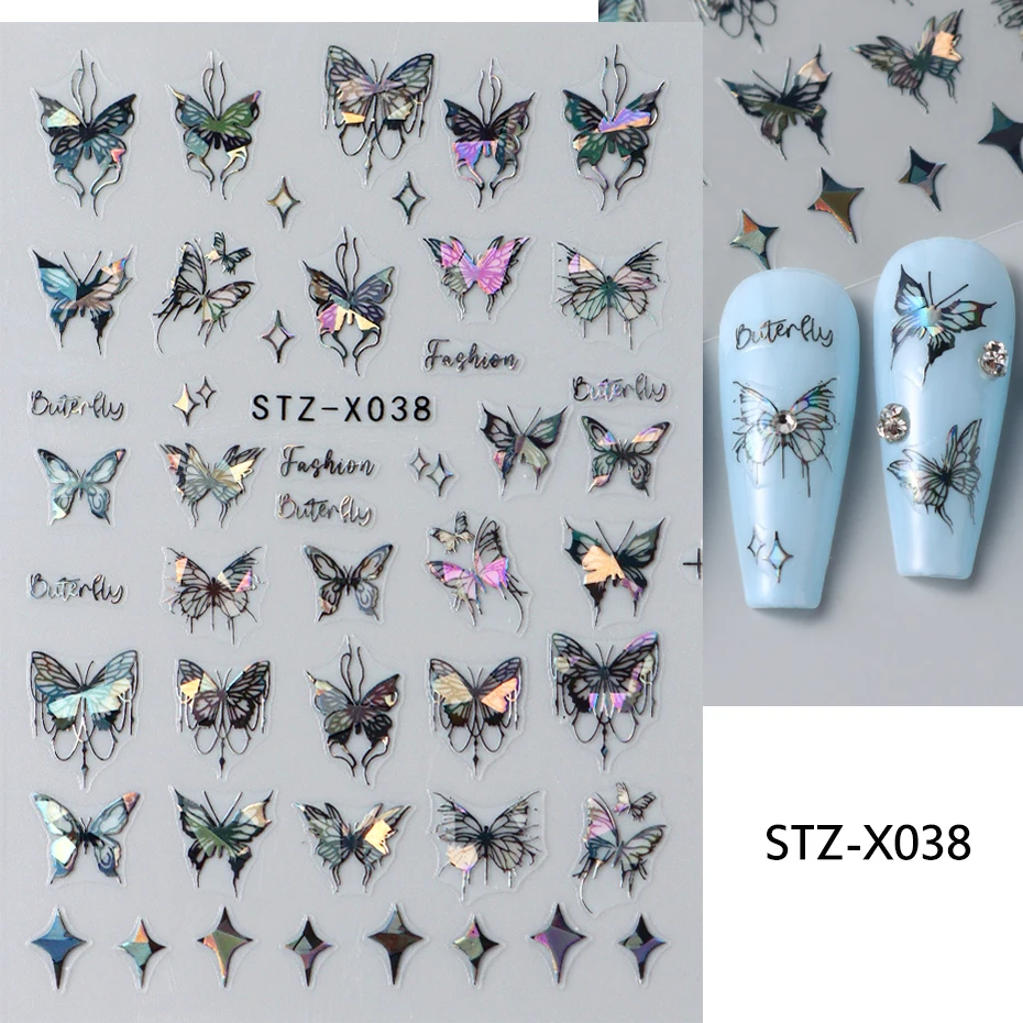 Schwarz-weiße Schmetterlings-Laser-Nagelaufkleber Y2K Nagelkunst-Dekoration Abstrakte Metalllinien Bronzefarbene Spitzenblumen-Aufkleber für Nägel – Detail 8