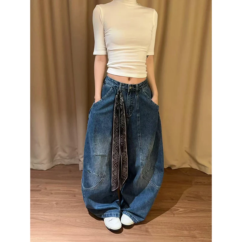 2025 Autumn Women Vintage Y2K 2000s High Waist Jeans Korean Oversize Fashion Loose Casual Blue Wide Leg Pants Lady Streetwears 2