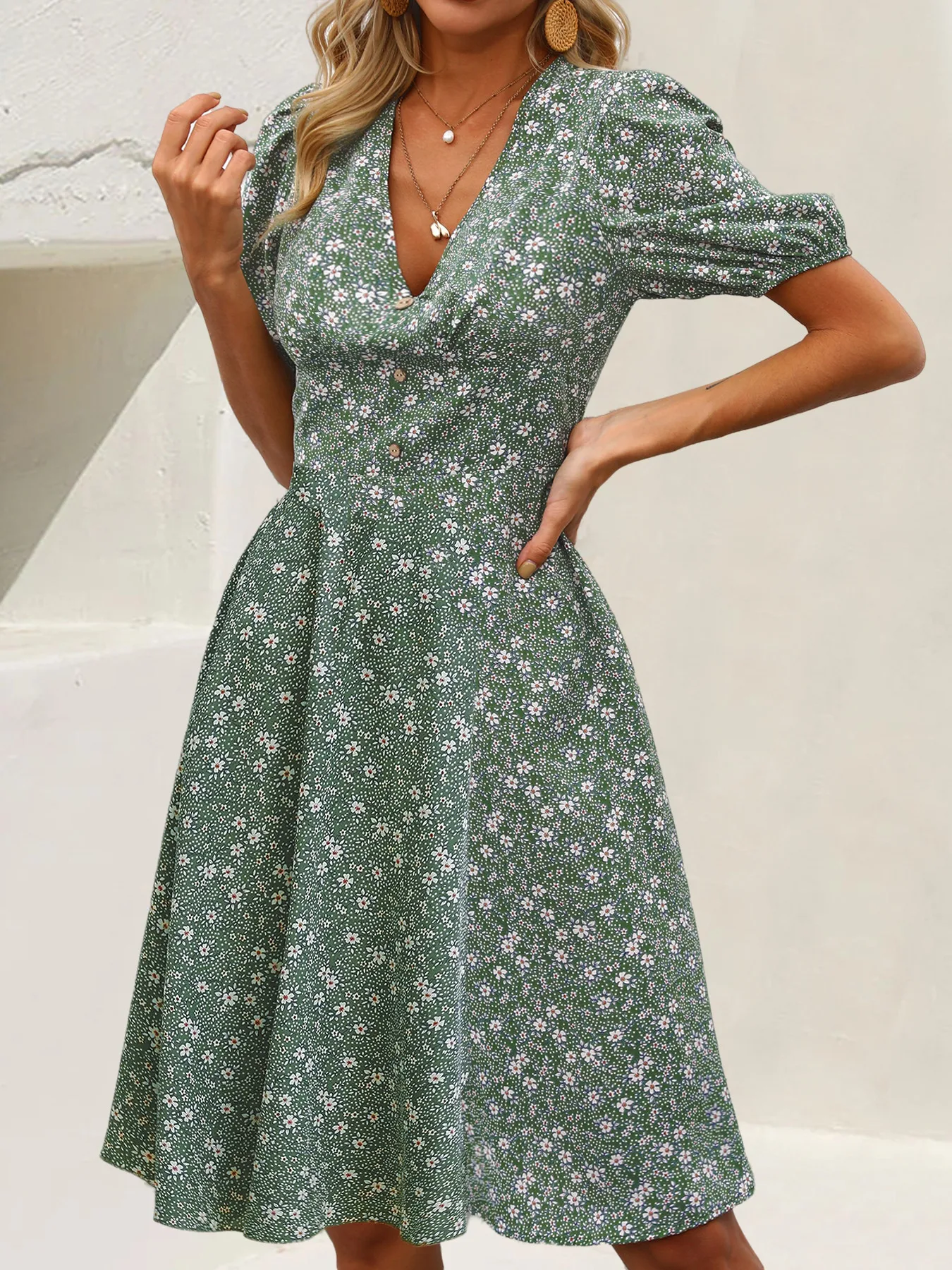 Women-Fashion-Floral-Printed-Mini-Dresses-Casual-V-Neck-Puff-Short ...