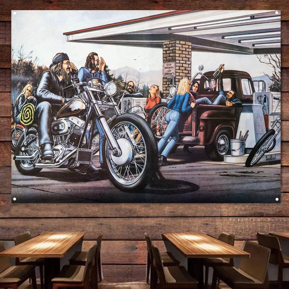 Malarstwo Motocyklowe Na Stacji Benzynowej Ściana Z Banerem Wisząca Flaga Do Garażu Uchwyty Retro Kawowe Bar Naprawa Silnika Sklepowy Mężczyzna Plakat