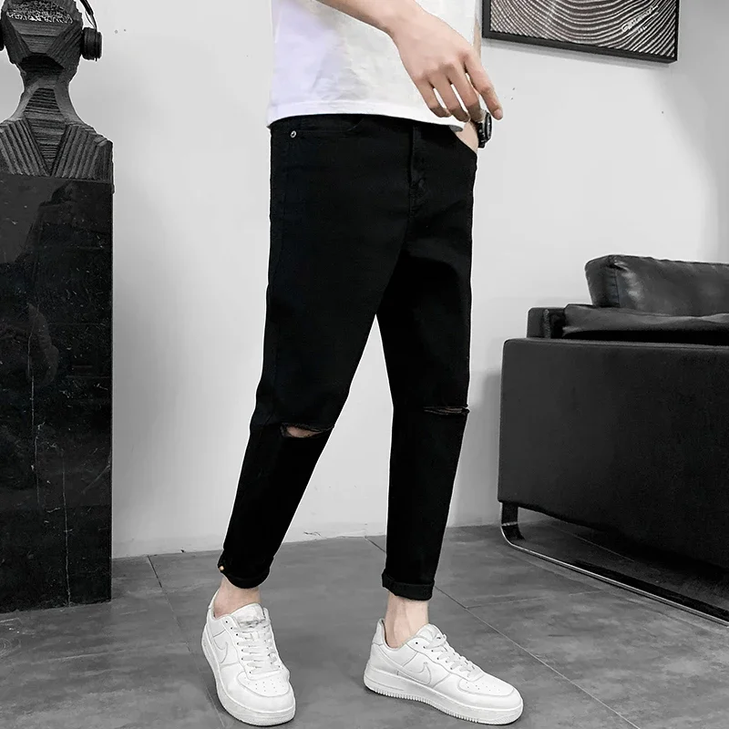 Spring New Male Knee Ripped Jeans Men's Straight Slim Small Feet Denim Trousers Streetwear Stretch Casual Pants