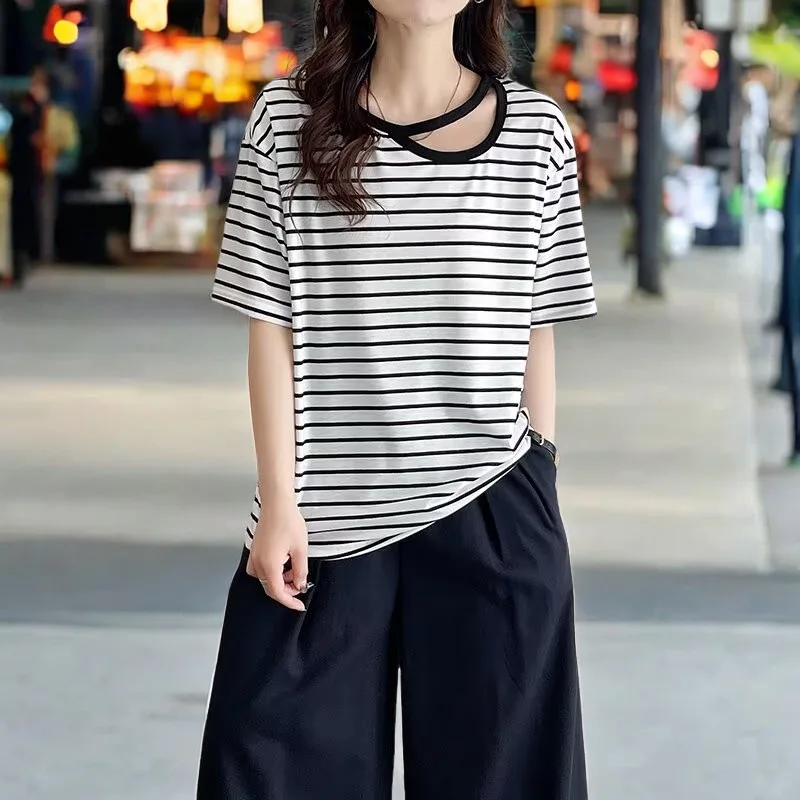 Summer Top New 100kg Retro Casual Hollow Striped Short Sleeve Tees Plus Size Women's Classic T-Shirt 312