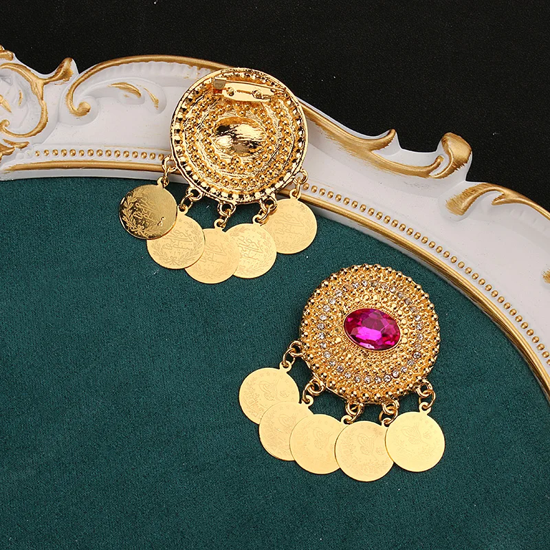 Broche en cristal plaqué or pour femmes, broche pendentif pièce de monnaie féminine, broches de bijoux de mariage arabe, épinglettes de créateur de luxe
