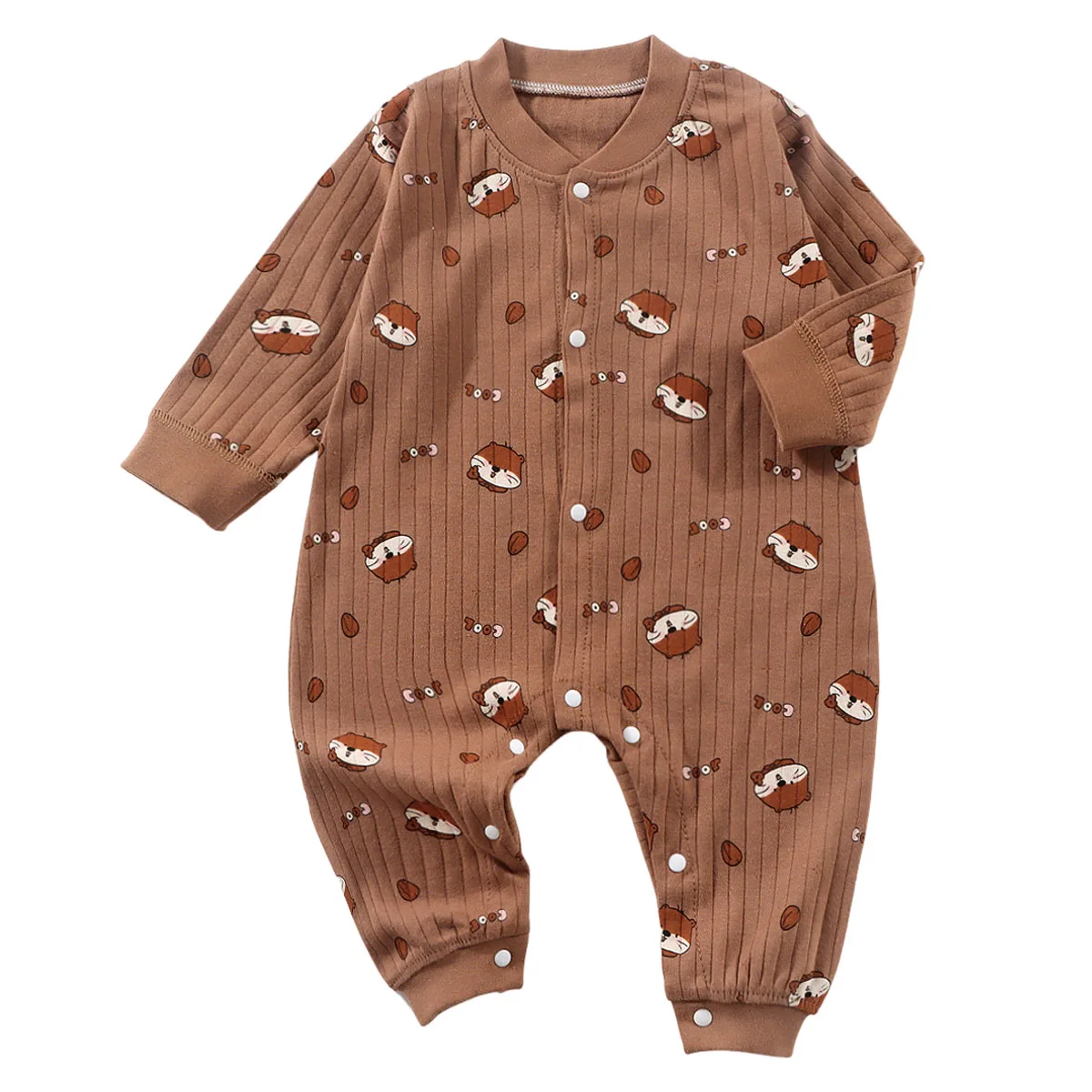 Baby Cartoon Print Long Sleeve Romper, Newborn Infant Ribbed Cotton Jumpsuit Multi-Color Baby Onesie for Spring Autumn