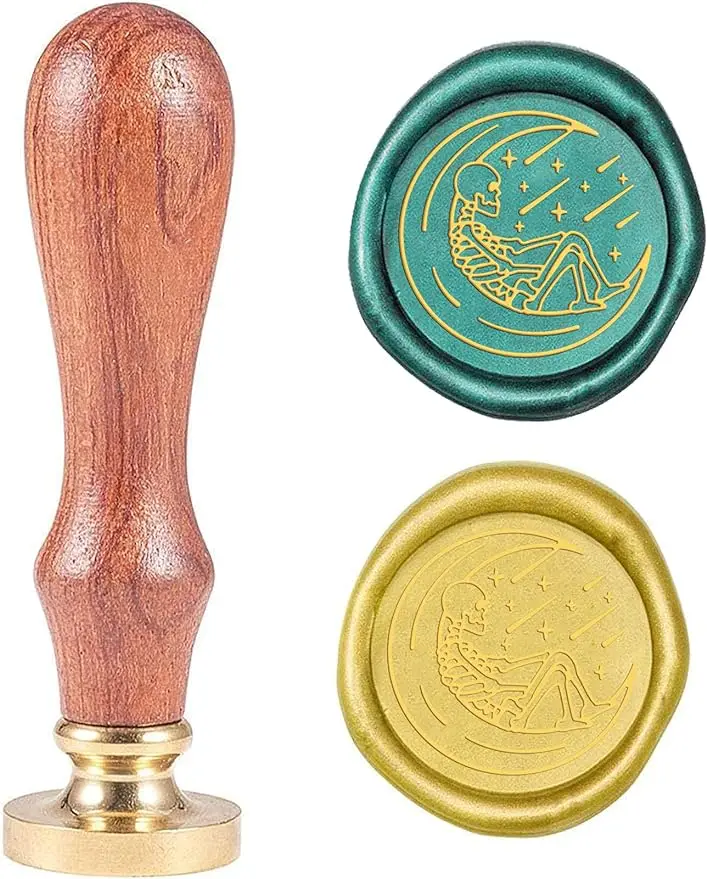 

1PC Halloween Skull Wax Seal Stamp Moon Meteor Replaceable Sealing Wax Stamp 25mm Brass Head with Wooden Handle for Halloween