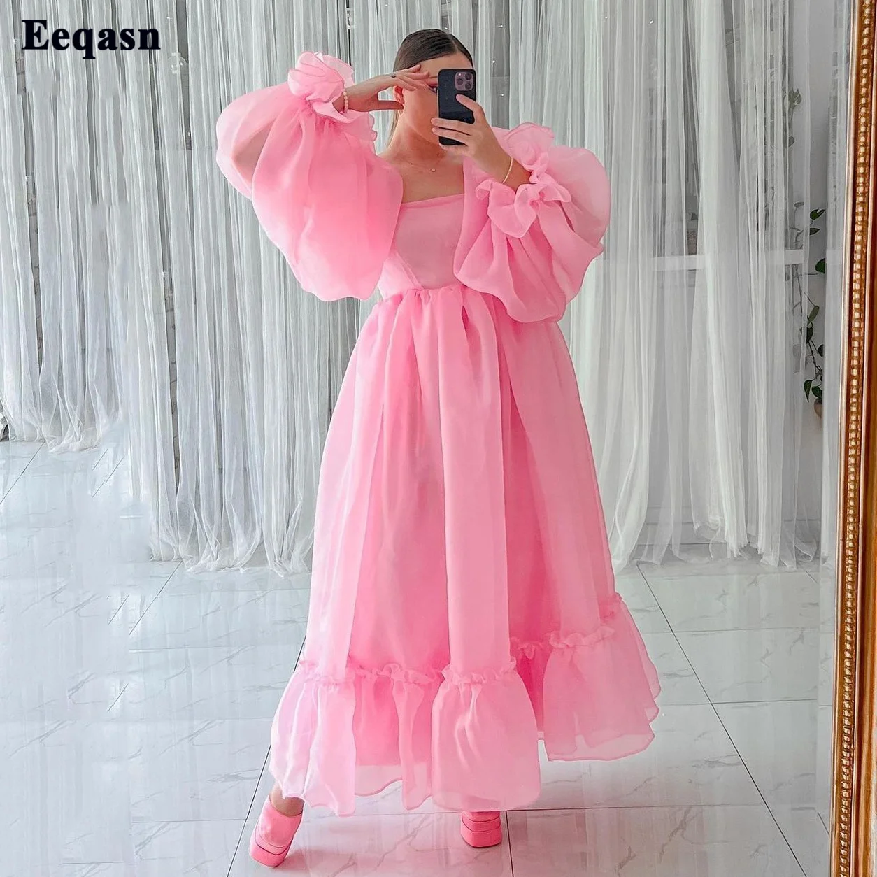 Pink Organza Midi Women Prom Dresses Long Sleeves Ankle Length Homcoming Party Dress Formal Evening Gowns Fashion Club Outfits