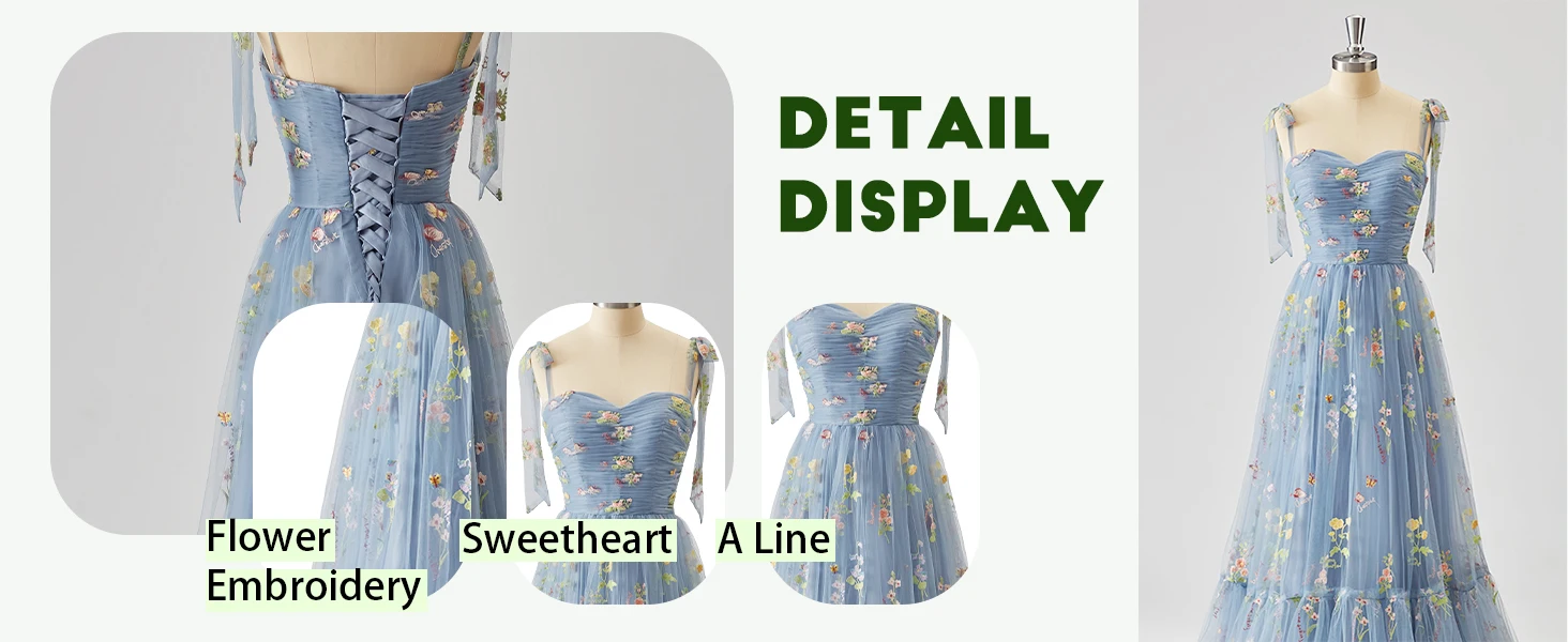 Flower Embroidery Tulle Prom Dresses Long Spaghetti Strap Fairy Ruched Formal Evening Party Gown