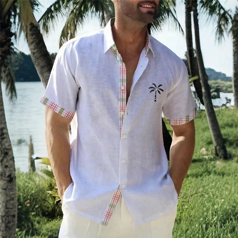 2024 New Palm Tree Casual Men's Shirt Outdoor Street Casual Daily Summer Cuffed Short Sleeve Shirt Button Design