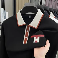 Polo à manches longues pour hommes, 100% pur coton, léger, de luxe, à la mode, nouveau article d'automne, T-shirt de Base à col de papa d'âge moyen 6