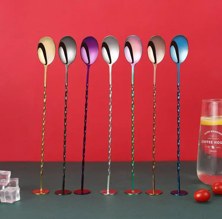 60pcs Stainless Steel Threaded Long Handle Vertical Bar Spoon Dessert Coffee Spoon Creative Bar Cocktail Mixing Ice ni361