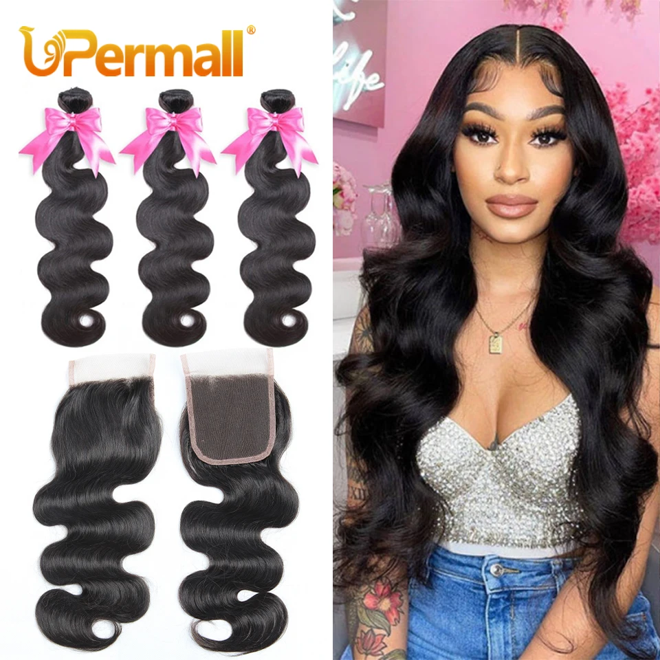 Upermall 3/4 Remy Body Wave Human Hair Bundles With Closure 10A Brazilian HD Transparent Swiss 4x4 Lace Closure and Bundle Weave