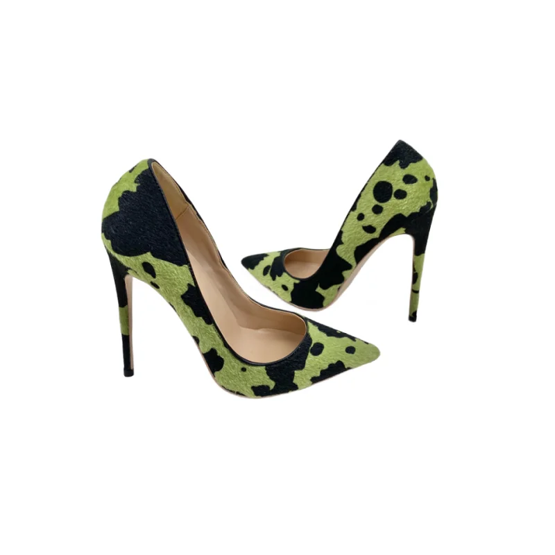 Green Black Plush Pointed High Heels Stiletto