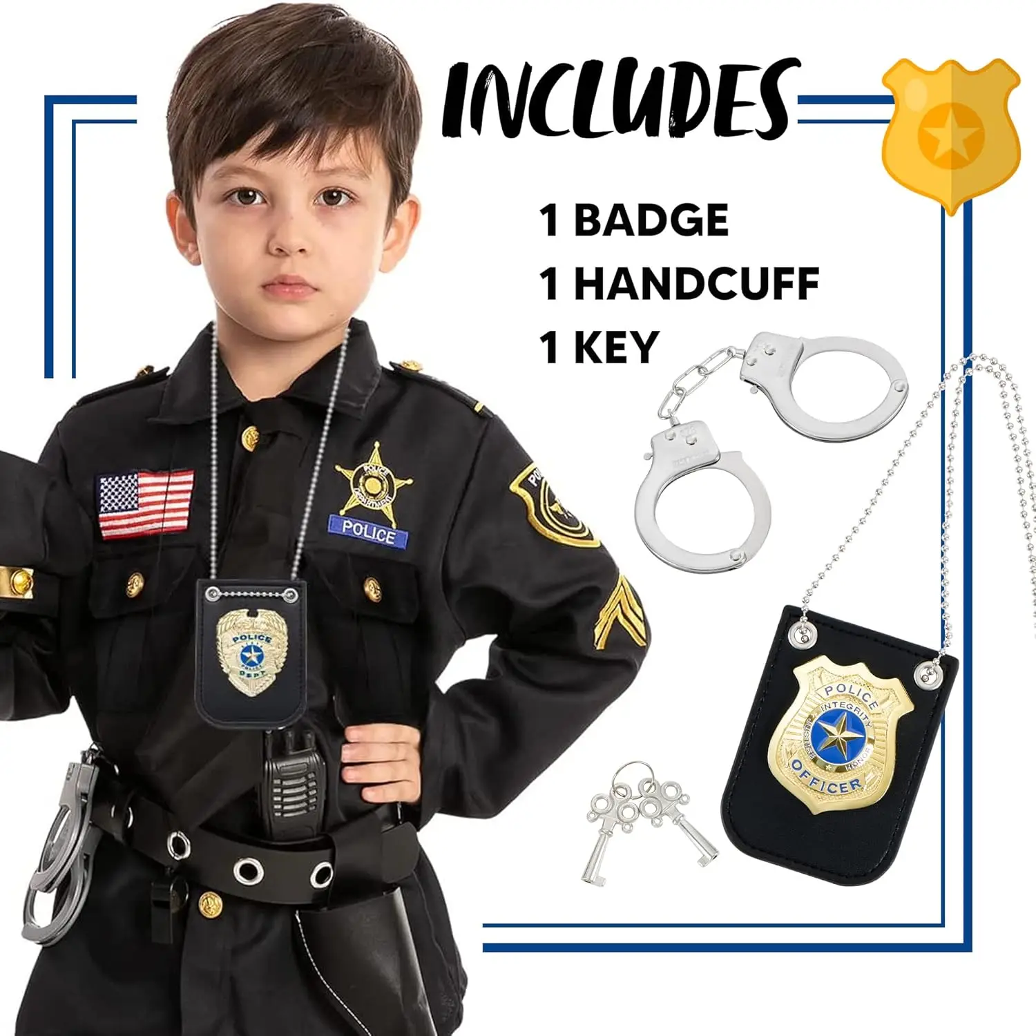 3pcs Police Pretend Play Toy Set with Badge & Handcuff &Key for Theme Parties, Role-Playing,Carnival, Halloween decor,Christmas