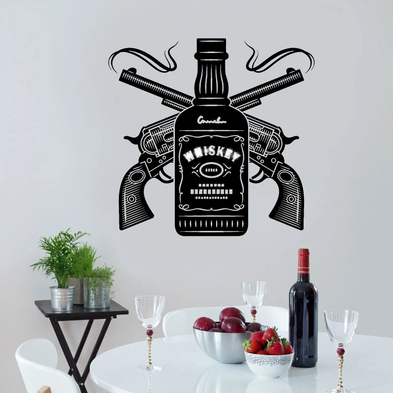Vinyl Wall Stickers Bar Decoration Wine Bottle Double Gun Decals Home and Restaurant Fashion Art