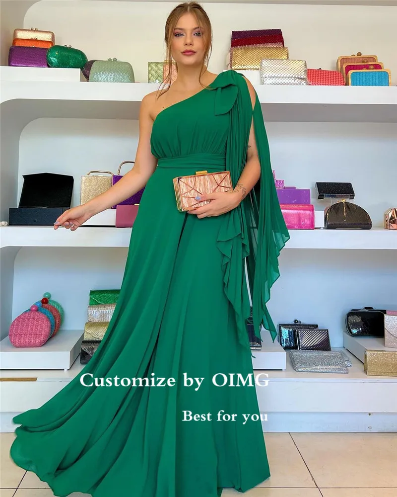 OIMG One Shoulder Chiffon Green Women Formal Evening Dresses Cape Sleeves Arabic Women plsu Size Prom Gowns Event Party Dress