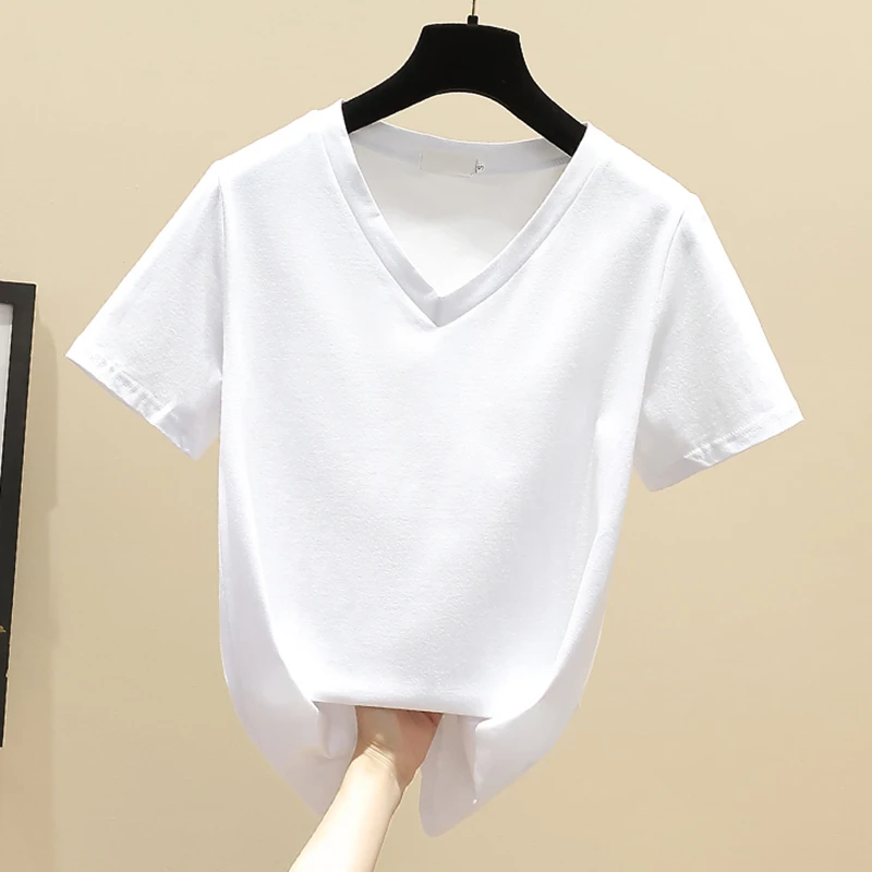 

V-Neck Cotton Short Sleeve Tee Shirt Solid T Shirt Women 2022 Summer Camisetas De Mujer Korean Style Woman Clothes T Shirts Tops