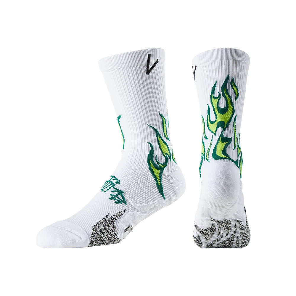 Running socks with fire pattern and arch support, breathable cushioned compression socks for men and women, crew-length cycling socks