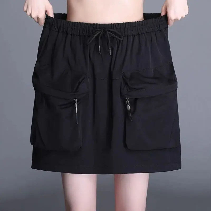 Summer New Casual High Waist Pocket Patchwork Shorts Skirts Solid Loose Lacing A-line Short Skirt Fashion Trend Women Clothing
