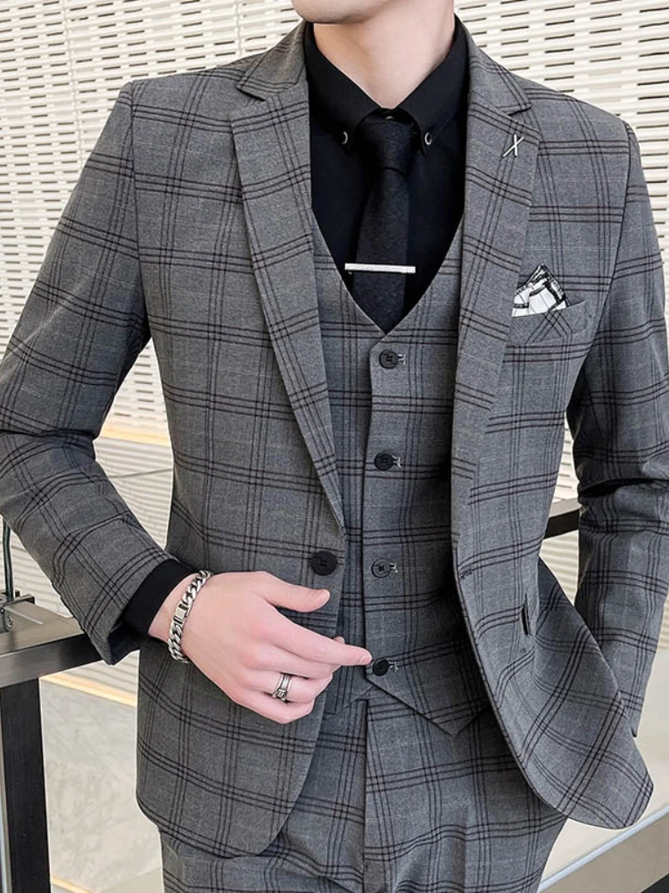 

( Jacket + Vest + Pants ) Boutique Plaid Patterns Mens Business Formal Suit Three-piece Set Groom Wedding Dress Blazer Trousers