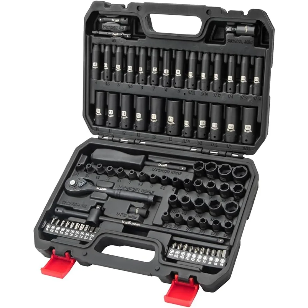 

1/4 Inch Drive Impact Socket Set, 83Pcs Socket Wrench Set Metric & SAE from 4-15mm, 5/32-9/16"