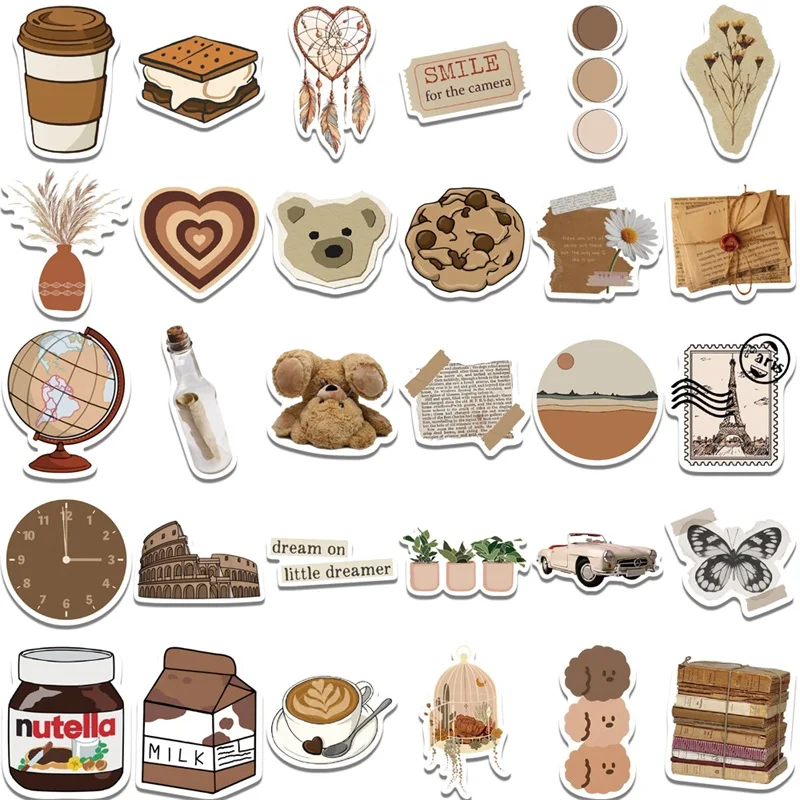 Vintage Brown Aesthetic PVC Stickers Set - Stationery and Scrapbooking Decor Supplies
