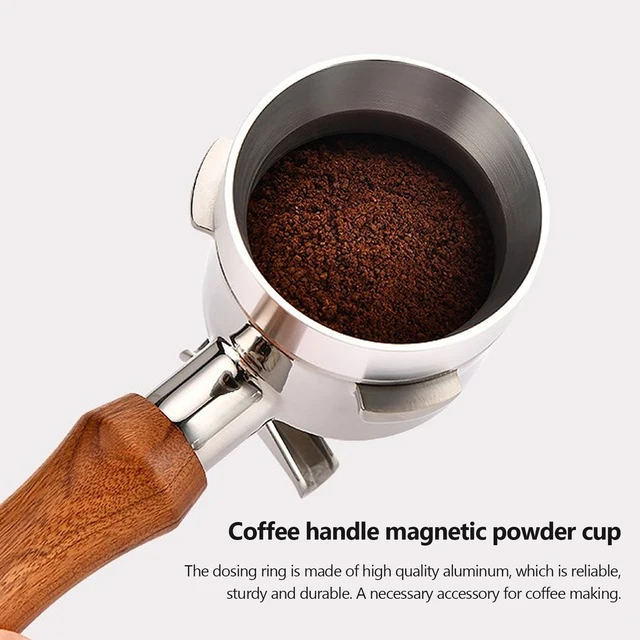 Easy-to-use magnetic aluminum dosing ring cup funnel for espresso machines.
