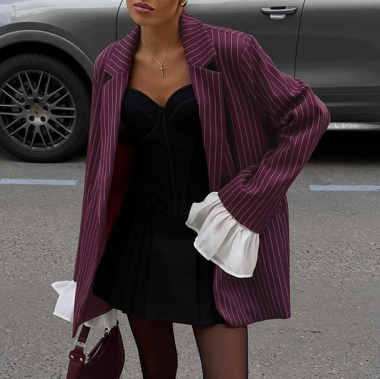 Lace Striped Suit Outwear For Women Patchwork Long Sleeve Lapel Fashion Commute Pocket Coat Ruffled Female Loose Blazer