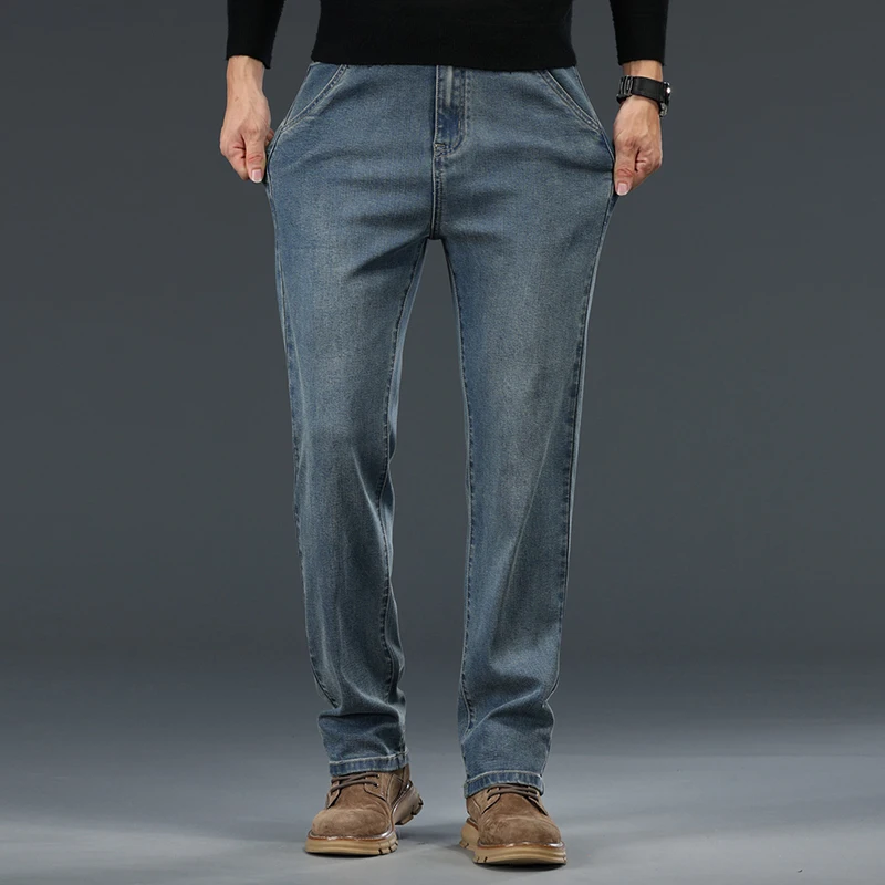 Classic Men's Straight Jeans Autumn New Fashion Retro Blue Stretch Denim Pants High Quality Brand Business Casual Trousers 3