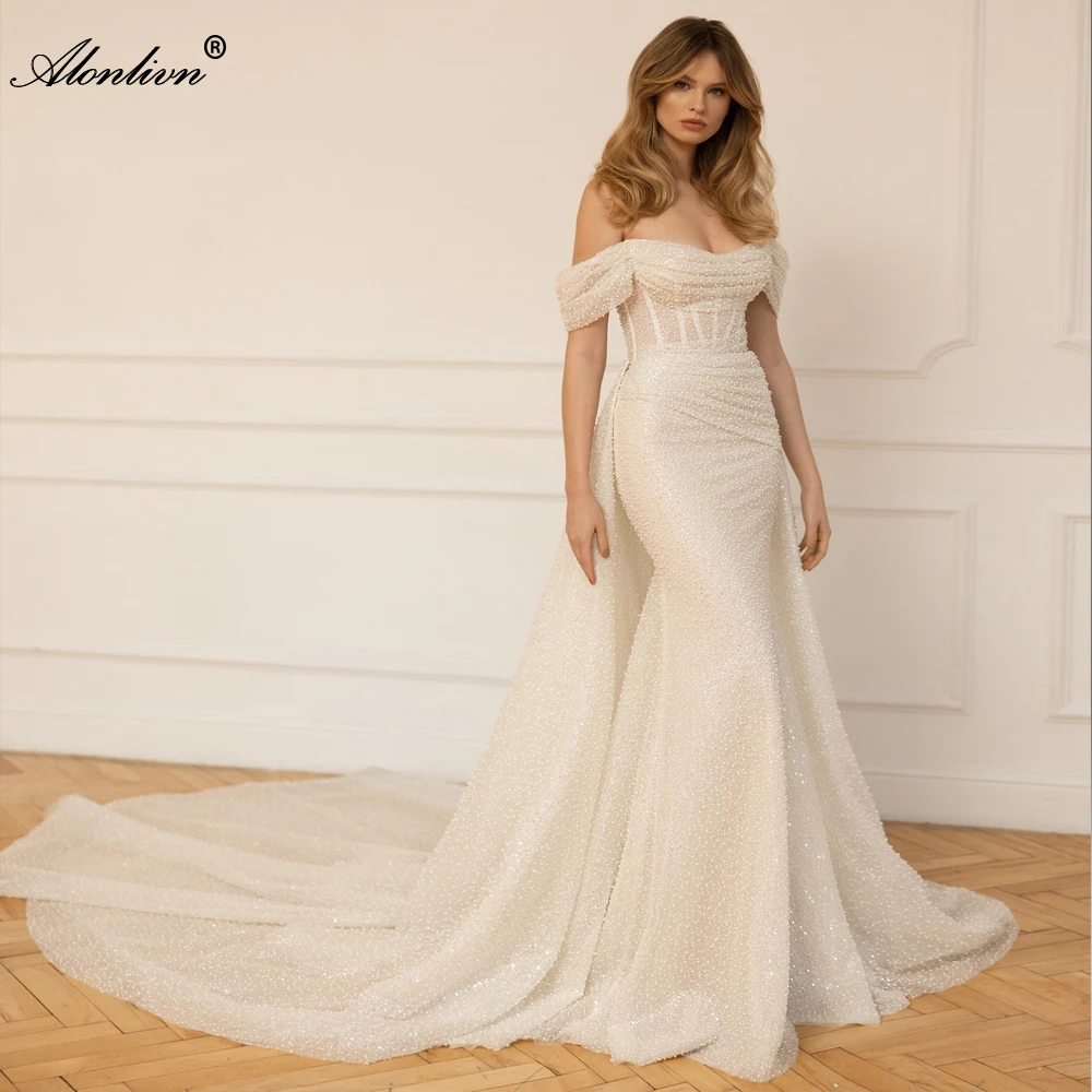 

Alonlivn Delicate Beading Pearls Sequined Lace Boat Neck Mermaid Wedding Dress With Detachable Skirt Ruched Pleats Bridal Gowns