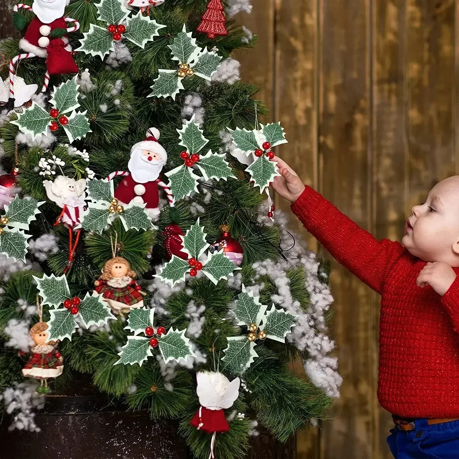 2025 Artificial Flowers Holly Berries with Leaves Christmas Wreath Navidad Decor Gift Festive Party Supplies Artificial Flowers