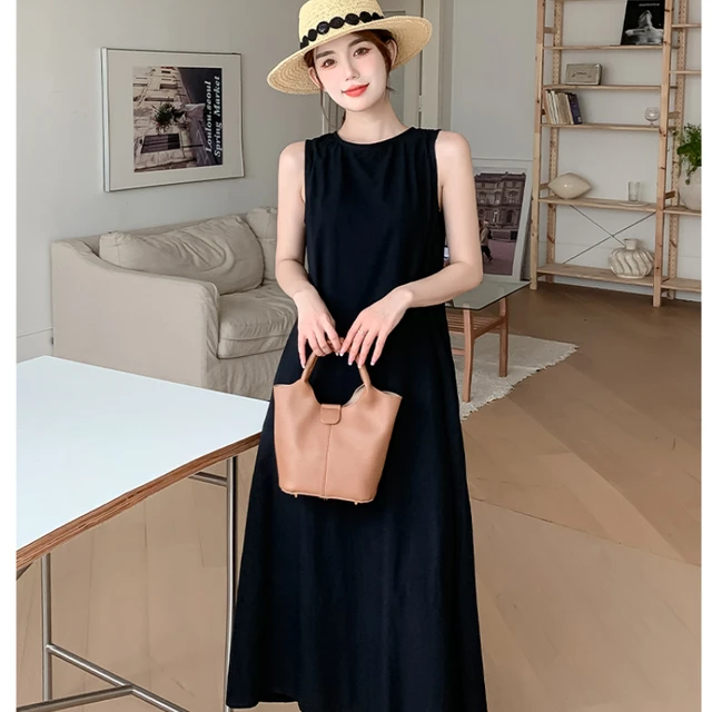Vestido informal de moda de verano para mujer, vestidos de lino y algodón  2023, vestido elegante sencillo de manga corta con cuello redondo, bata de