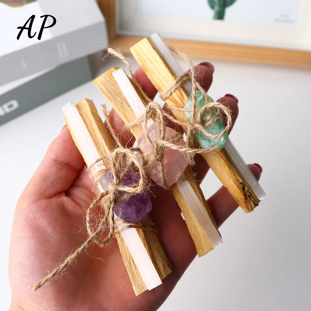 Natural Stone Peruvian Holy Wood Amethyst Crystal Raw Stone With White Selenite Rope Binding Crystal Set Home Decoration