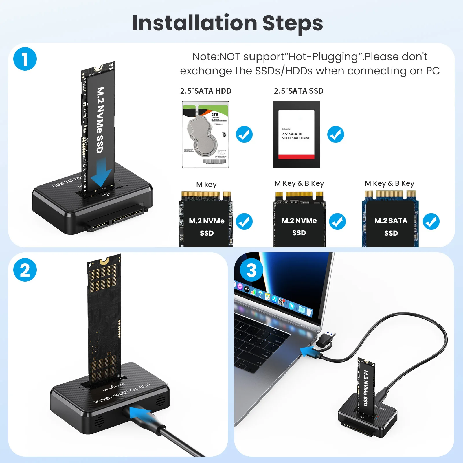 M2 USB 3.1 - NVMe SATA 10Gbps 다이렉트 플러그 2.5인치 SATA SSD HDD 어댑터 (2230, 2242, 2280, 22110 M.2 SSD용) 엔클로저 도킹 베이스