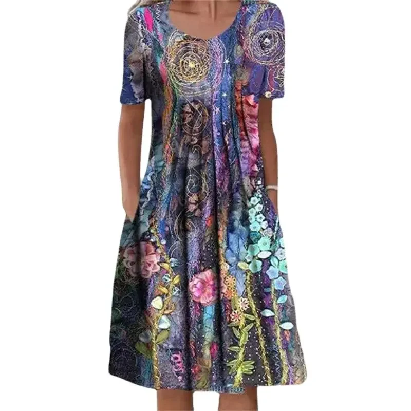 

Summer Elegant Print Pocket Dresses Women O Neck Pullover Short Sleeve Dress New Female Comfortable Casual Commuter Pleated Gown
