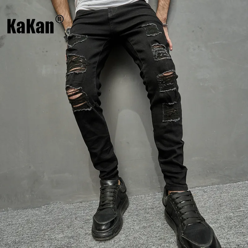 Kakan - European and American New Knee Hole Black Jeans for Men, High Street Fashion Slim Fit Elastic Denim Pants K9-1024