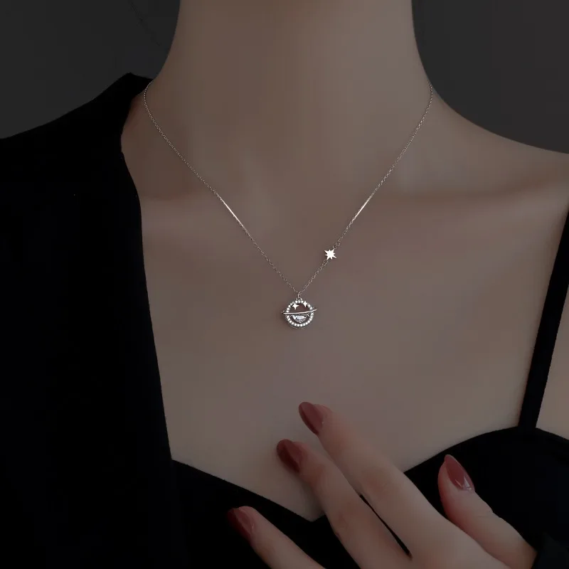 

925 Sterling Silver Planet Pendant Necklace Female 2023 New Light Luxury Niche Senior Sense Clavicle Chain to Send Girlfriend