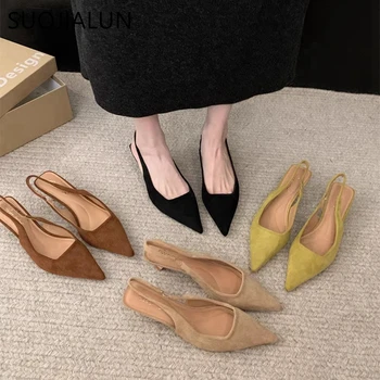 SUOJIALUN 2024 Spring New Women Sandal Fashion Pointed Toe Shallow Slip On Dress Mules Shoes Thin Low Heel Slingback Sandal 1