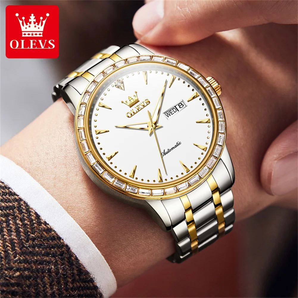 OLEVS 7019 Automatic Man Watch Luxury Diamond Mechanical Watch For Men Dual Calendar Stainless Steel Strap Male Wristwatch