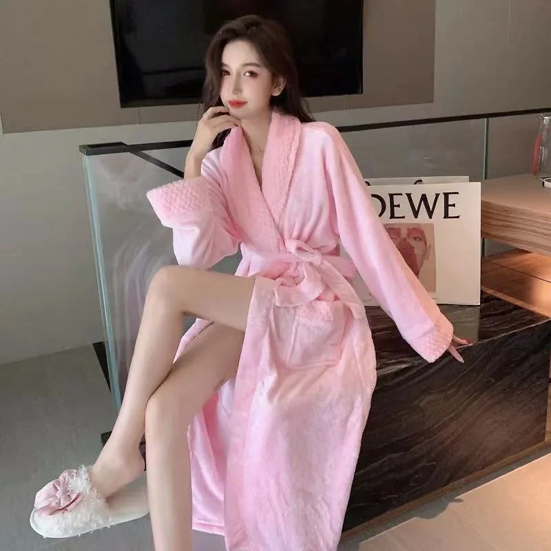 New Coral Velvet Robe Women Autumn Winter Plus Velvet Padded Extra-long Bathrobe Warm Flannel Winter Suit 2023