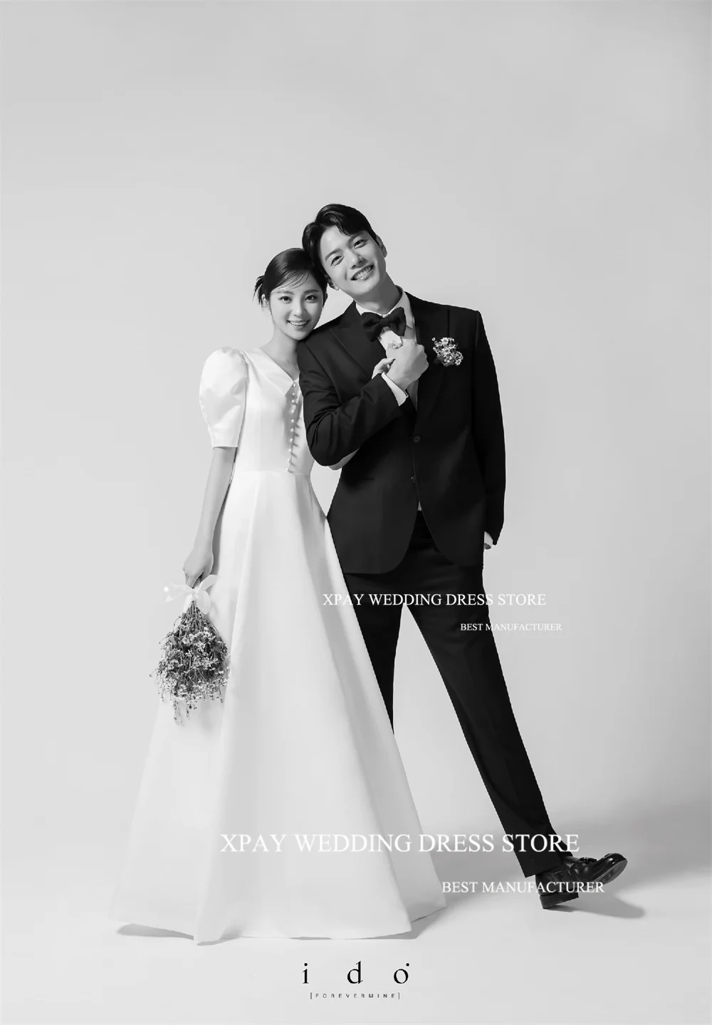 XPAY V Neck Simple Korea Wedding Dresses Short Lantern Sleeves Bridal Gowns Customised Floor Length Satin A Line Bride Dress 5
