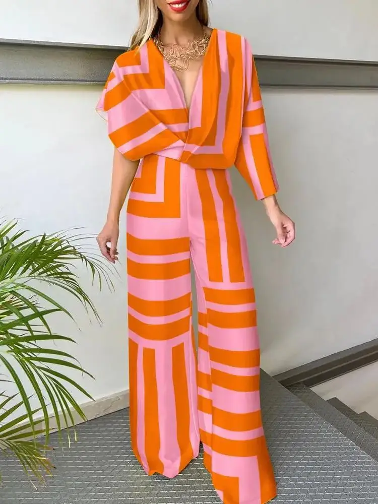 2024 Summer Long Loose Female Clothes Backless V-Neck Woman Wide Legs Jumpsuits Drawstring Waist Lady Long Loose Fashion Rompers