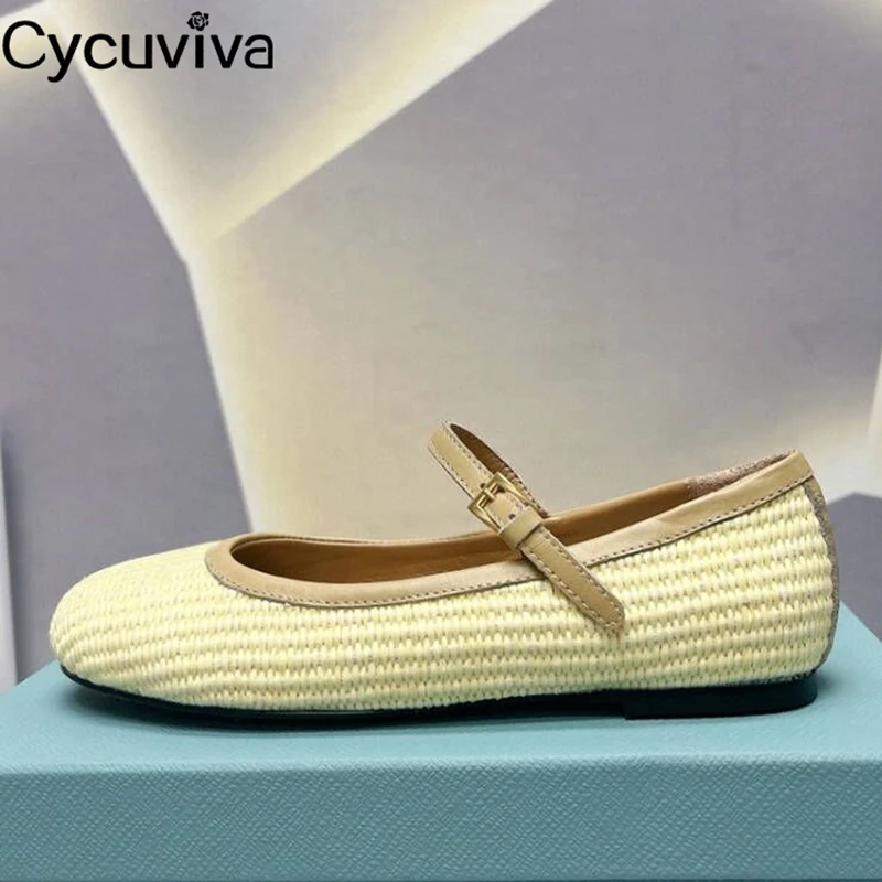 

Designer Canve Weave Brand Loafers Women Round Toe Casual Shoes For Woman Ballet Flats Leather Belt Dance Ladies Mules Shoes