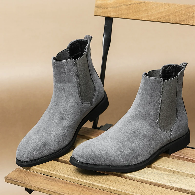 New Gray Chelsea Boots for Men Faux Suede Flock Business Mens Short Boots Ankle Boots for Mens Size 38-48