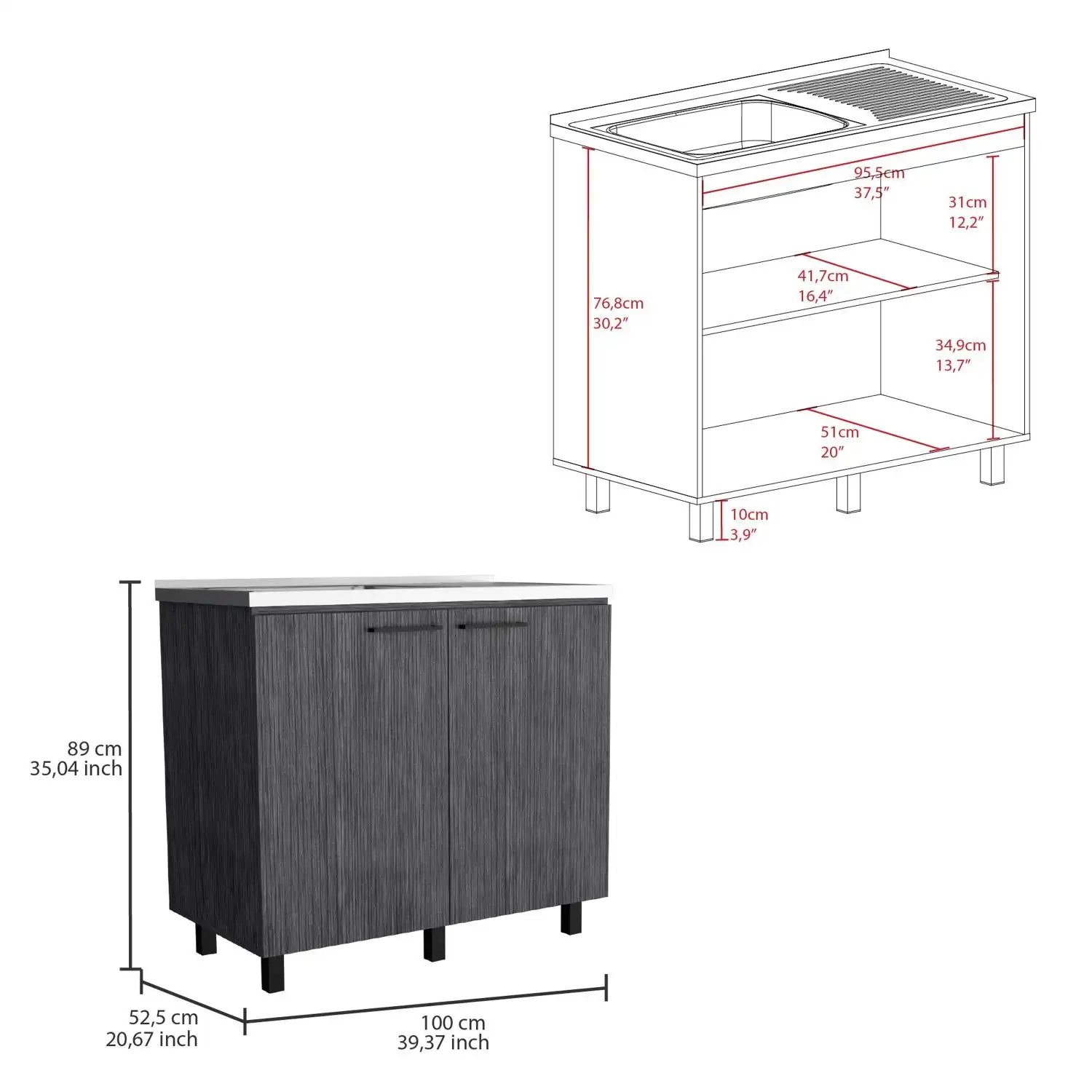 Napoles 2 Utility Sink with Cabinet, Stainless Steel Countertop, Interior Shelf Smokey Oak 2