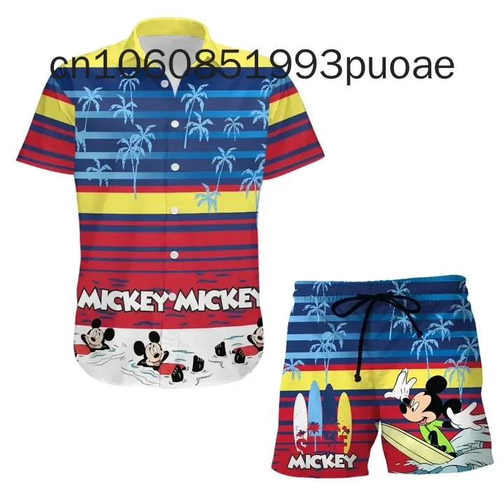 2024 New Mickey Mouse Summer Vacation Beach Hawaiian Shirt And Board Shorts Disney Fashion Short Sleeve Shirt Set 2